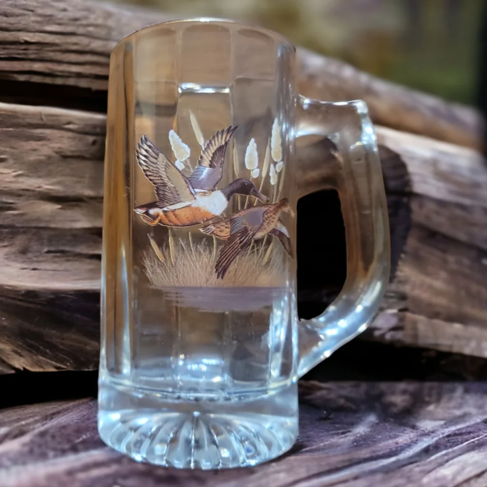 Vtg Beer Mug Heavy Glass Stein 2 Flying Ducks Cattails Reeds
